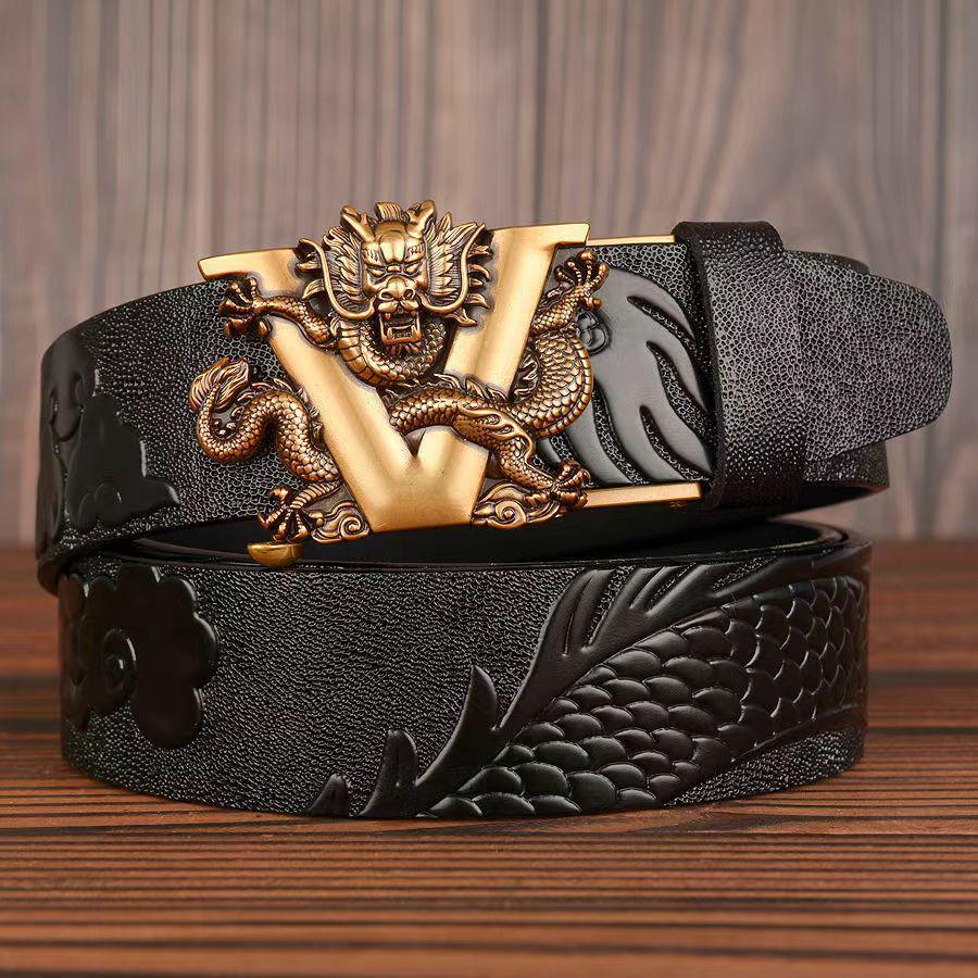 Retro Dragon Carved Pattern Automatic Buckle Leather Belt – Domineering Men's Fashion Accessory
