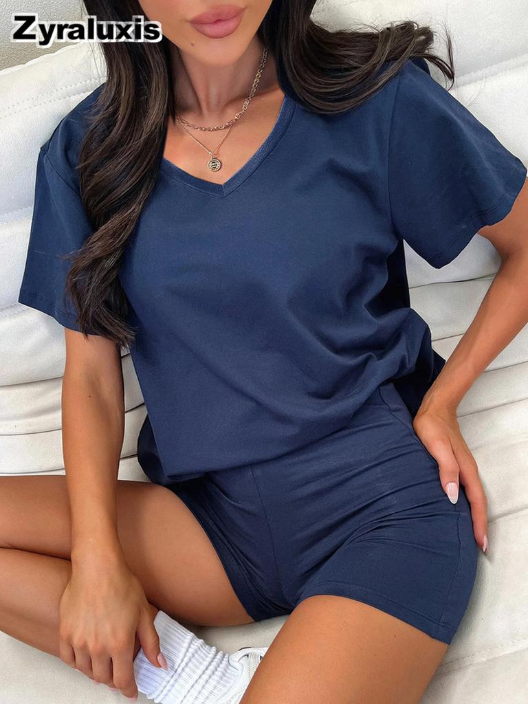 Short Sleeve Spring Summer New V-Neck Casual Temperament Solid Color Fashion Set Women