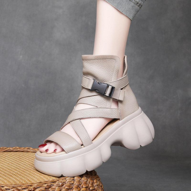 Women's Shoe Toe Layer Cowhide Roman Style Thick Soled Sandals Women's Fish Mouth Buckle Leather Cool Boots