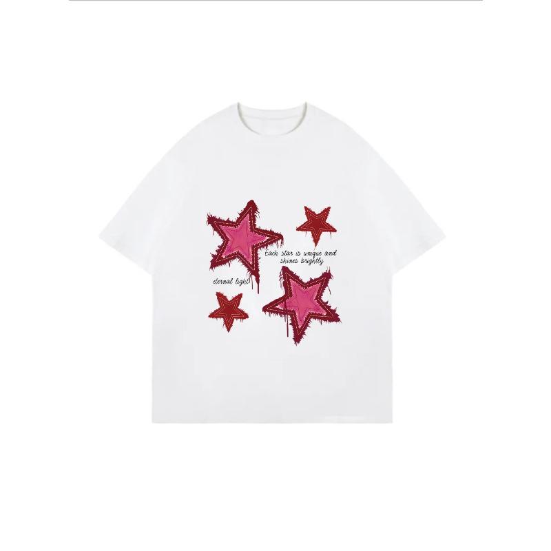 Weißes Oversized-T-Shirt Mit Rosa Stern-Stickerei Und Inspirierendem Text Für Freizeitkleidung