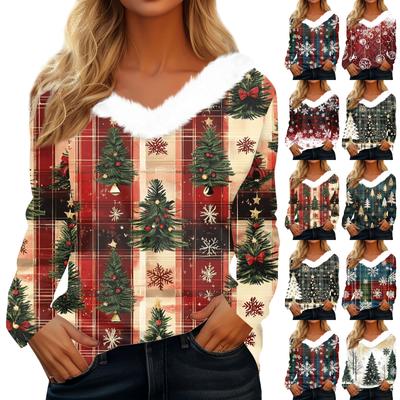 Women's Long Sleeve Christmas Printed Party Plush Neck Wide Casual V-Neck Top