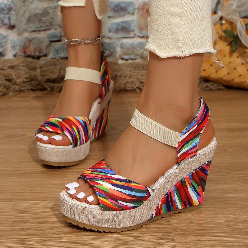 Damen Sommer Lässig Neu Super-Hoher Keilabsatz Blumenmuster Elastischer Riemen Schleife Dicke Sohle Böhmische Schuhe