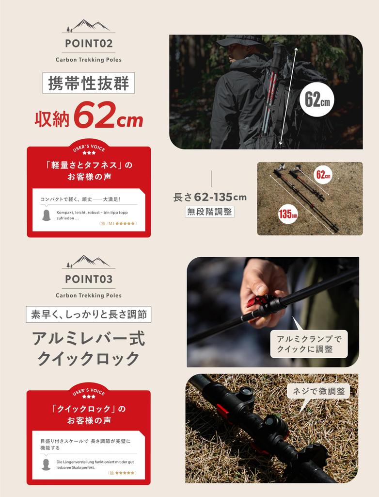 Alpidex Carbon Trekking Poles, Ultra-Lightweight, 193g, Set of 2, 62–135cm, Continuously Adjustable, Compact