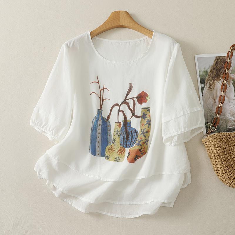 DIMANAF 2026 Summer Women Plus Size New Blouse Shirt Print Floral Vintage Short Sleeve Cotton Linen Casual Loose Lady Tops Tees