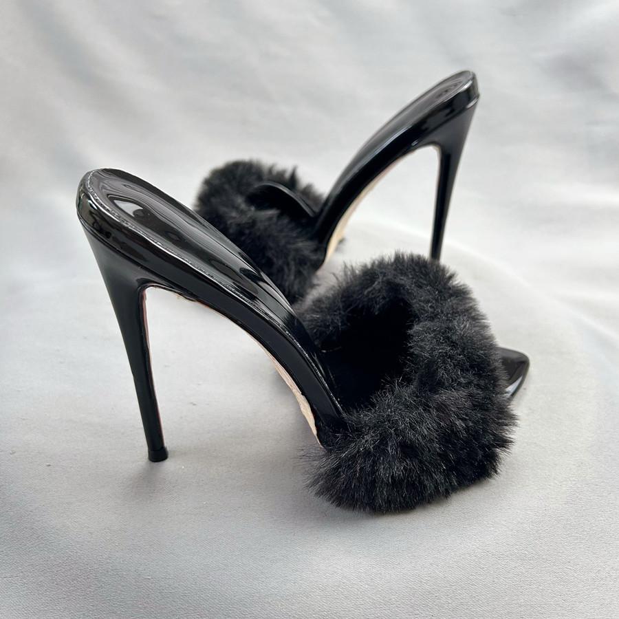 Super High Heels Summer Women Slippers Fur Pointed Toes Slip On Slides High Heels 12cm Sexy Women Sandals 33-45