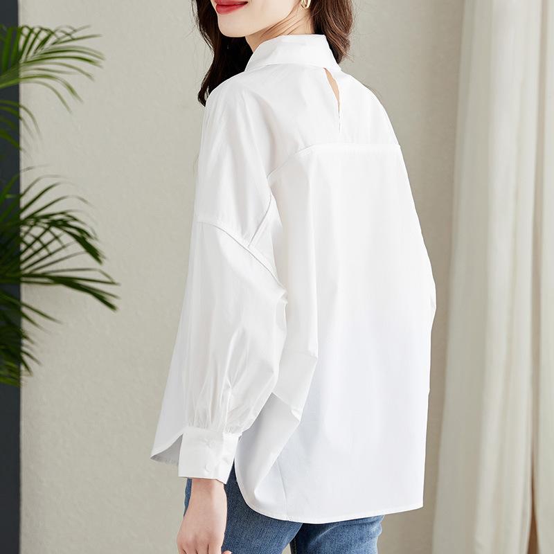 Combed Cotton White Shirt for Women Long Sleeves Mid-length Loose Slimming Design Chic Top Autumn Cotton Shirt
