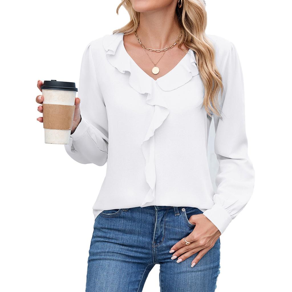 Women's Fashionable Casual Long Sleeved V-neck Pleated Ruffle Edge Shirt Pullover Top