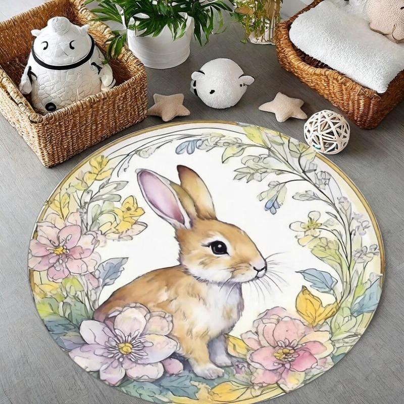 Rabbit Round Carpet Cartoon Rabbit Flower Printed Rug Living Room Bedroom Dressing Table Mat Home Decoration