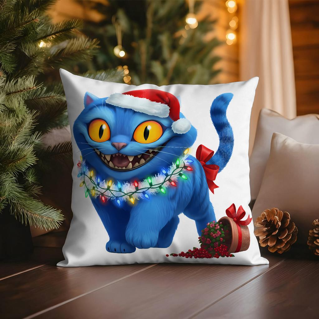 KPop Demon Hunters Blue Cat wearing Christmas Hat with Colorful Lights Christmas Pillowcase fashion Home Decoration