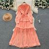 French High-end Women's Dress Autumn Strap Waist Lantern Sleeve Temperament Streamer Drape Big Swing Dress