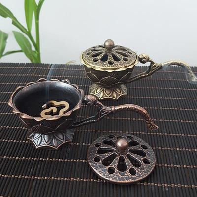 Handheld Lotus Incense Burner Creative Temple Brass Buddhism Buddha Holder Retro Copper Sandalwood Censer Crafts Home Decoration