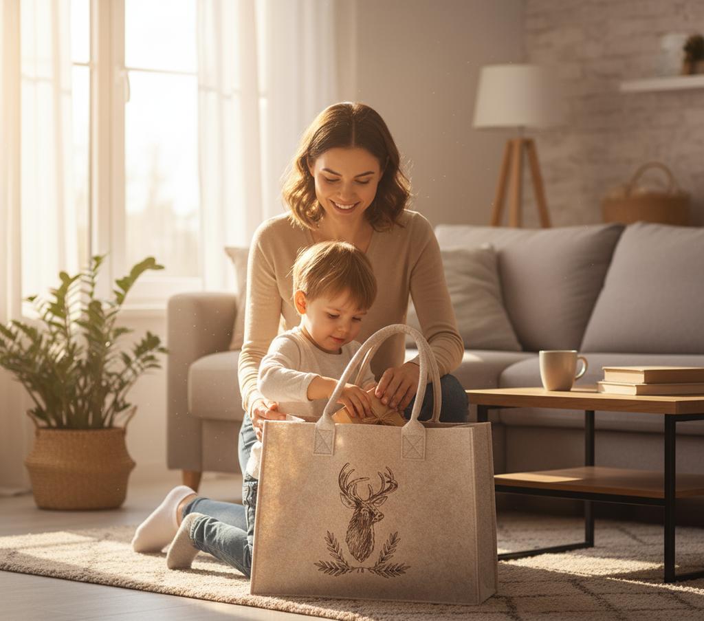 BEIGE FELT SHOPPING BAG 35X25X12 CM DEER