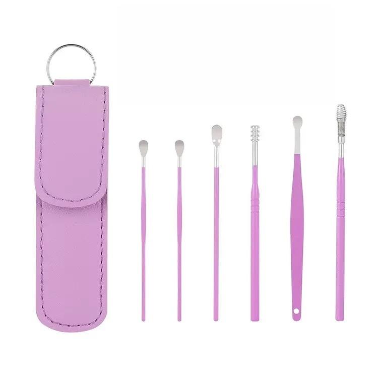 Portable Ear Wax Removal Kit 6Pcs Stainless Steel Ear Pick Spiral Cleaner Tools Set with Keychain Storage Bag for Travel