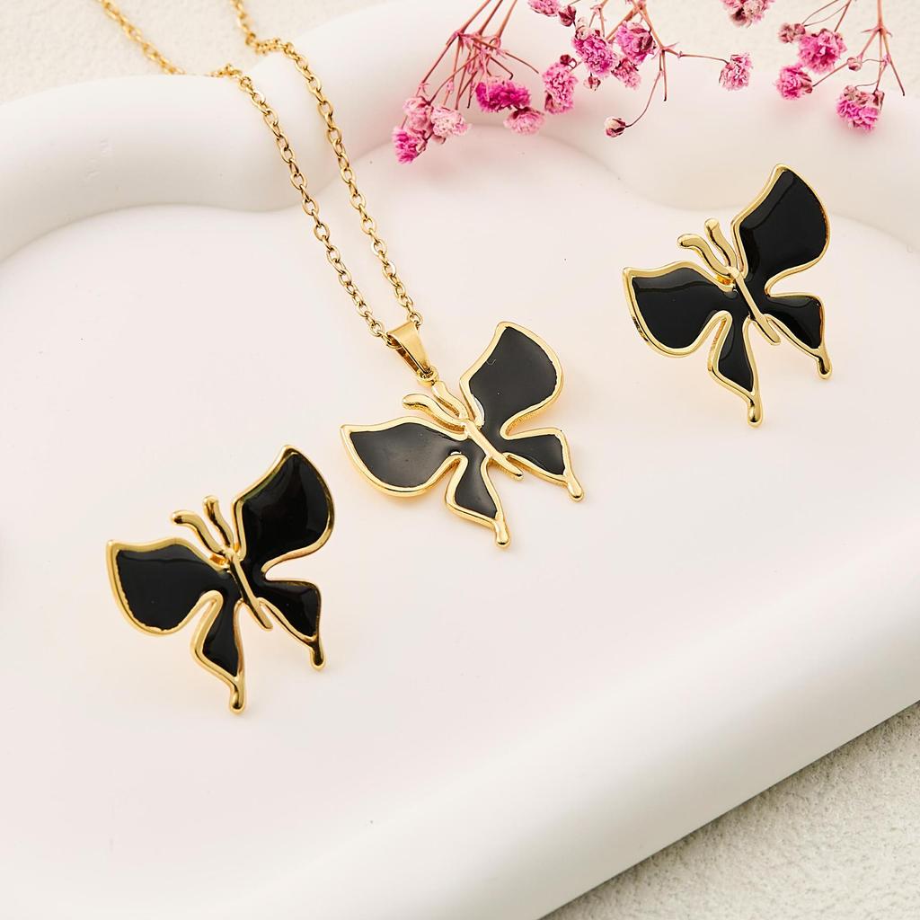 Vintage Retro Enamel Butterfly Stud Earrings & Necklace - French Court Style