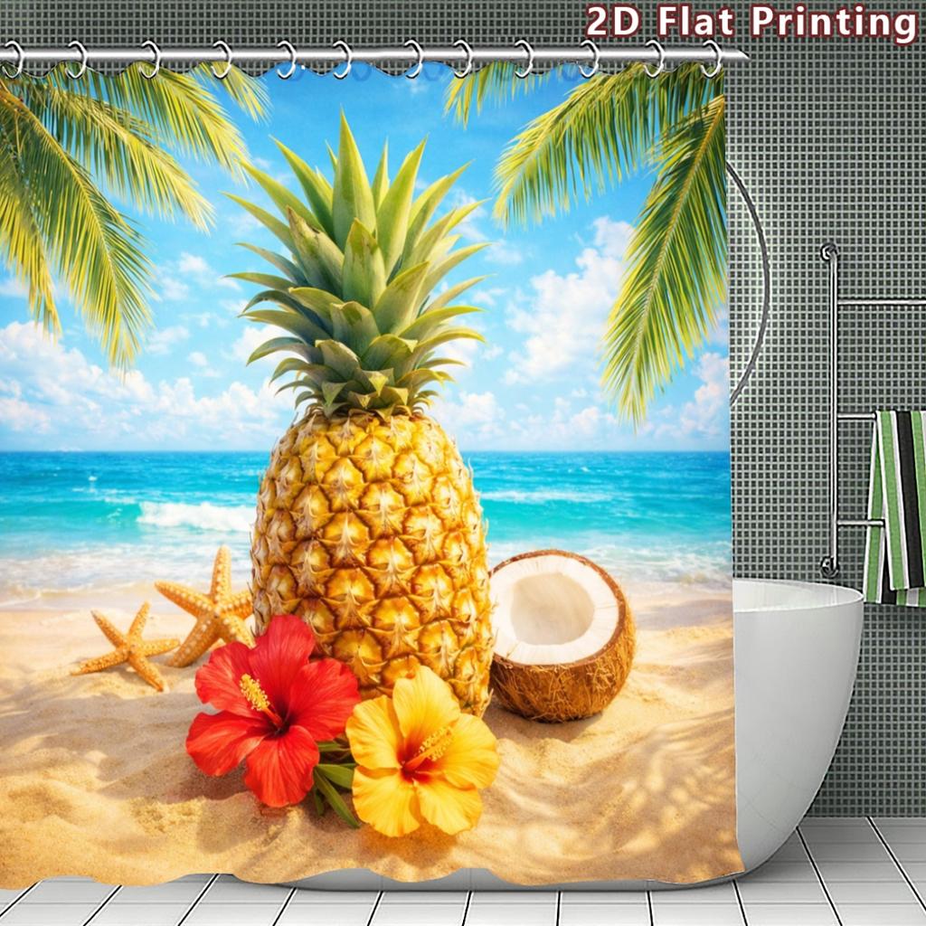 4Pcs 2D Flat Tropical Beach Shower Curtain Set with Non-Slip Bath Mat, Toilet Lid Cover, Contour Rug & 12 Hooks, Bathroom Decor