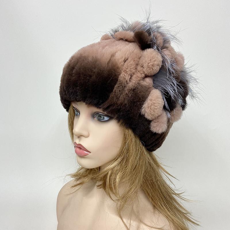 New Luxury Women Fur Hat For Winter Handmade Natural Rex Rabbit Fox Fur Cap Fluffy Female Fur Headgear Brand Warm Beanies Cap