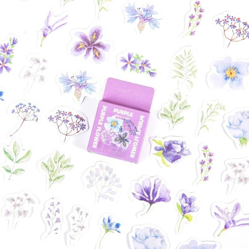46 Pieces/box of Purple Flower Box Stickers Handmade DIY Decorative Collage Sealing Stickers Student Supplies Sealing Sticker