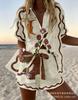 Summer European and American Women's Clothing Bamboo Hemp 1D Digital Printing Short-sleeved Shirt Beach Shorts Casual Two-piece Set