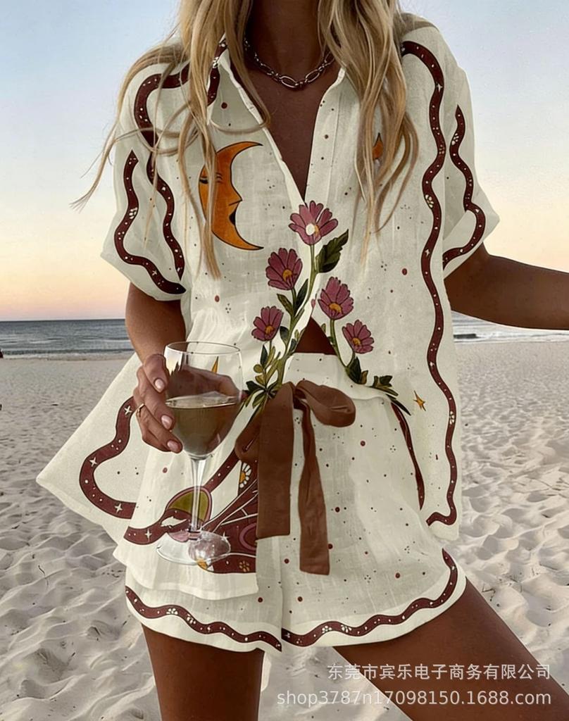 Summer European and American Women's Clothing Bamboo Hemp 1D Digital Printing Short-sleeved Shirt Beach Shorts Casual Two-piece Set