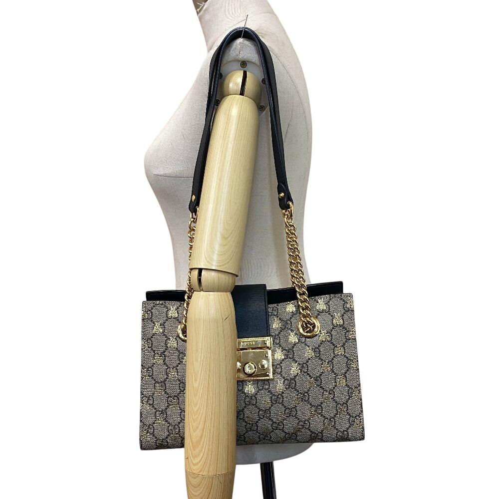 GUCCI 498156 Small Chain GG Supreme Be leather Padlock Shoulder Bag beige leather Women Used