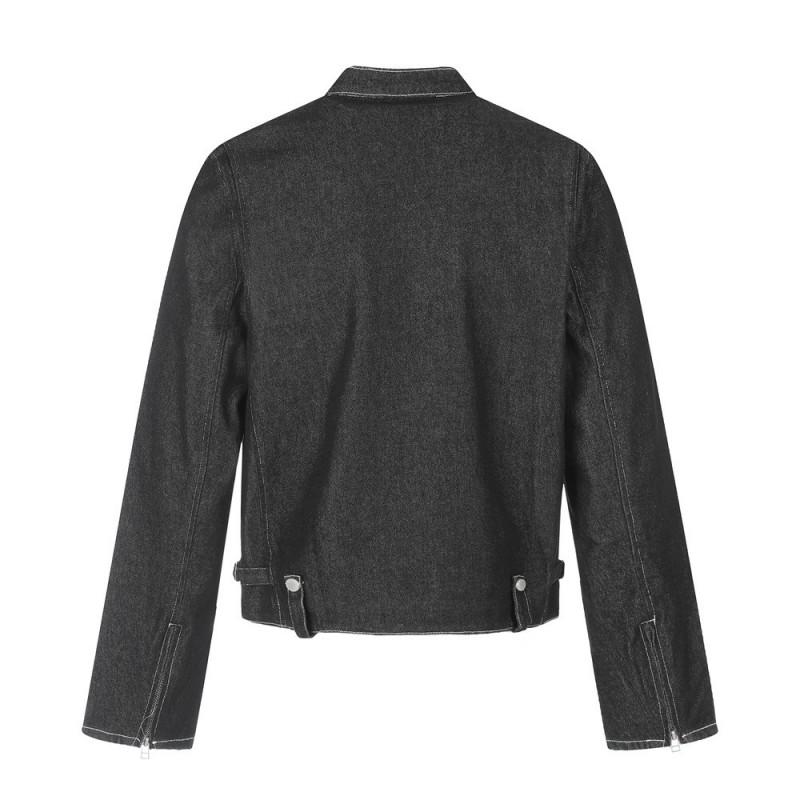 Mens Slim Fit Denim Jacket Stand Collar Long Sleeve Casual Outerwear