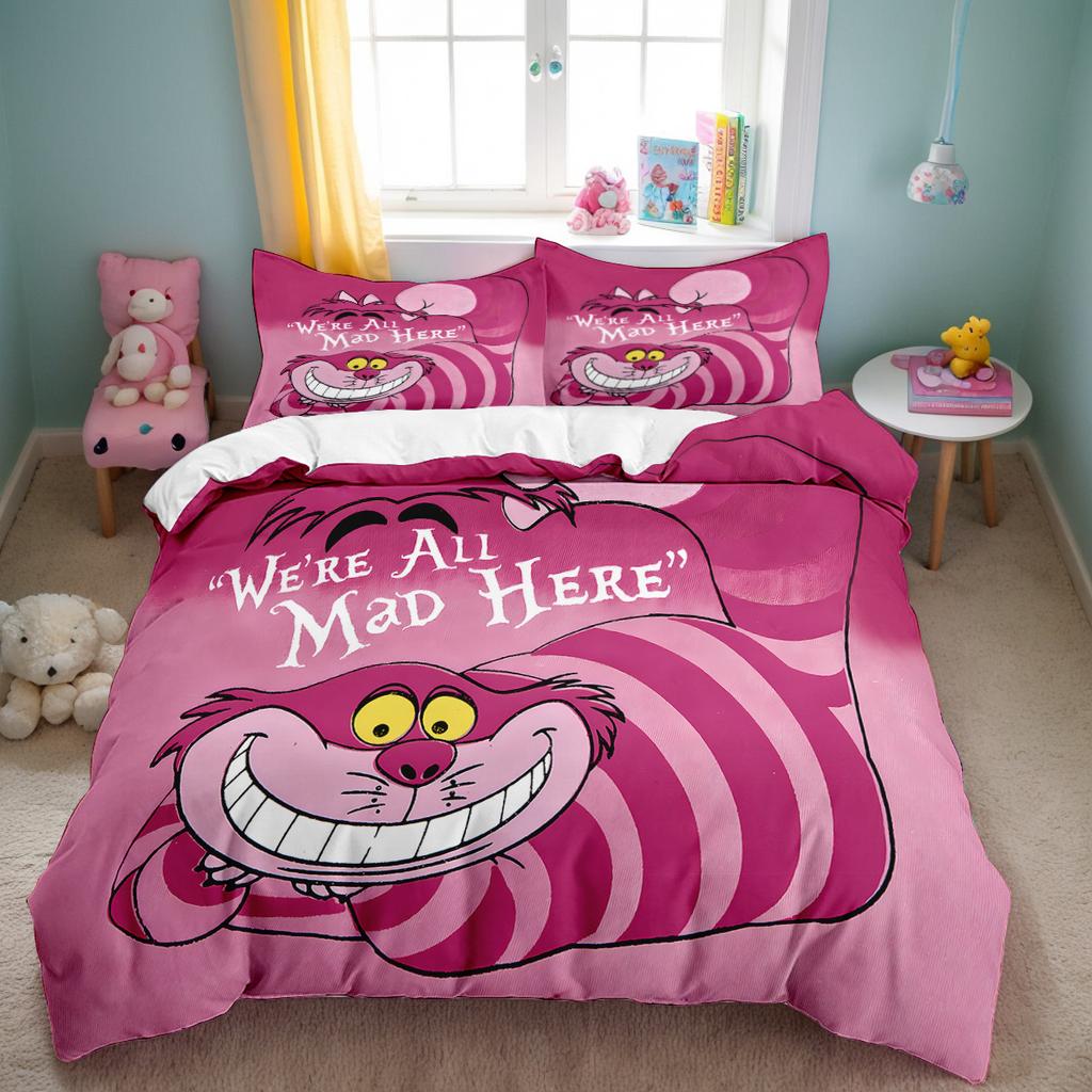 Alice In Wonderland Cheshire Cat Bedding Set Kawaii Pink Purple Duvet Cover With Pillowcases Anime Quilt Cover Bedroom Decor
