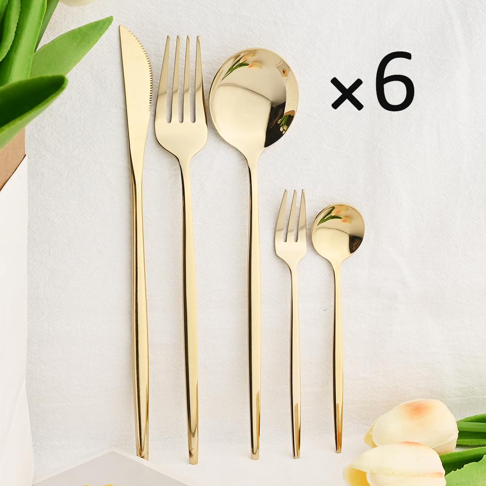 6People Gold Cutlery Set Mirror Stainless Steel Dinnerware Set Knife Cake Fork Tea Spoon Silverware Flatware Party Western Kitchen Tableware