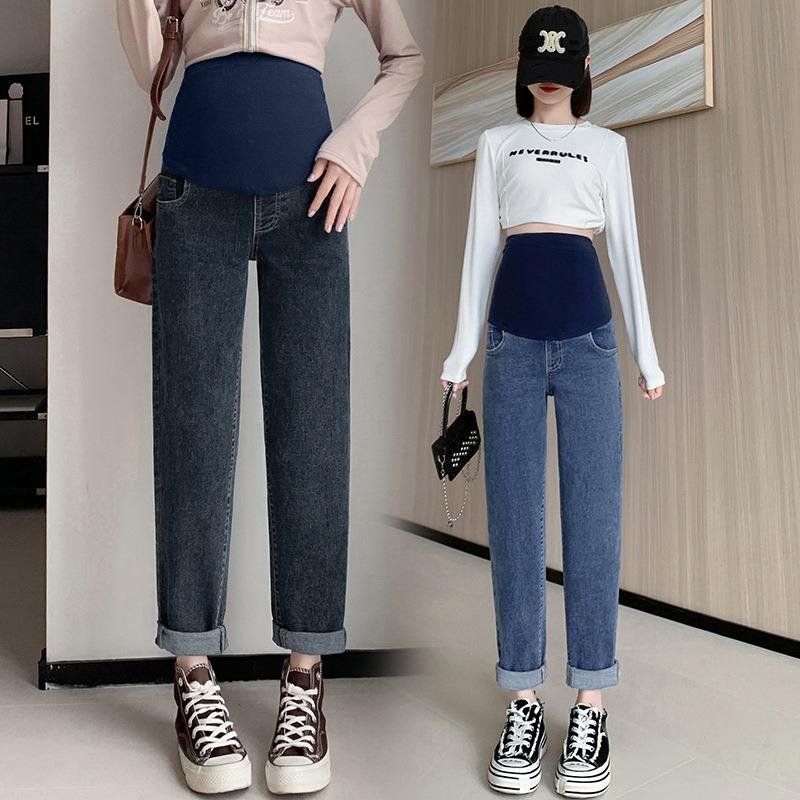 8 Pregnant women's thickened elastic lamb wool jeans, winter dad pants, warm outer wear, casual belly support pants