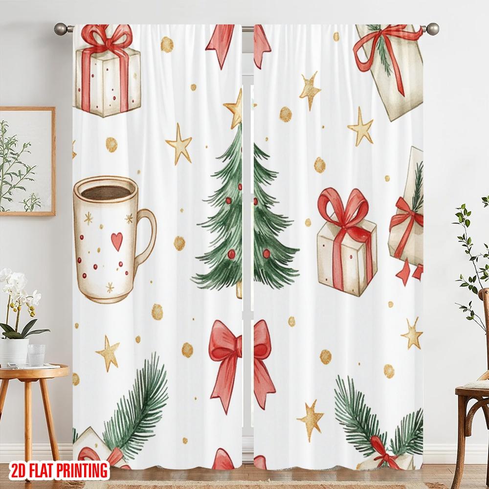 2pcs,2D Plane Printing Curtain Fabric Christmas Tree Bow Gift Snowflakes (2) Versatile Polyester Fabric (without Rod)