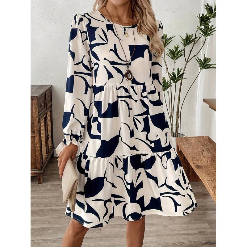 European and American Women's Mid-skirt Printed Round Neck Long-sleeved Commuter Dress