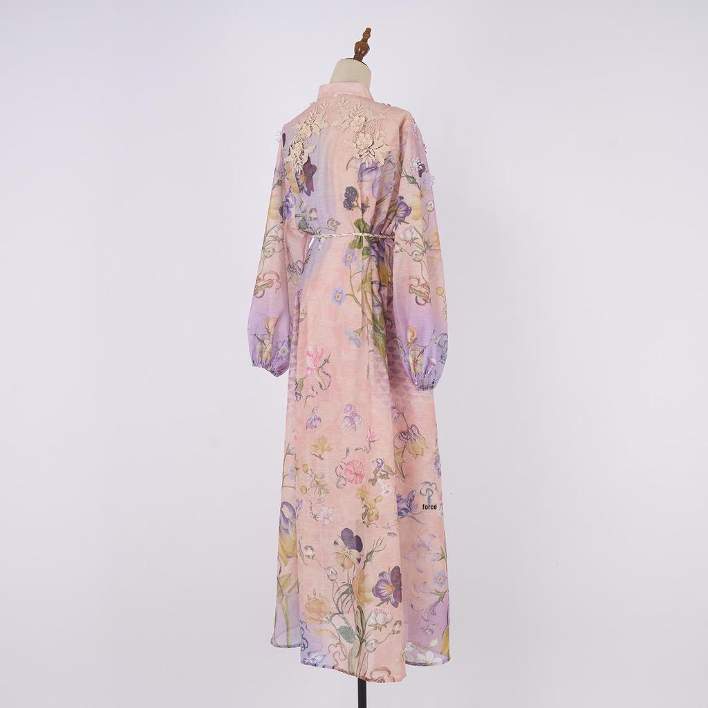 Exquise Robe Maxi Imprimée à Manches Bouffantes avec Détail à Nouer