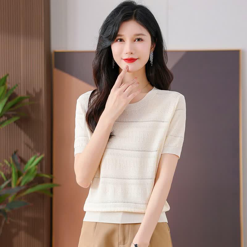 SNOWFLYING Lightweight Hollow-Out Round Neck Women's Knit T-Shirt
