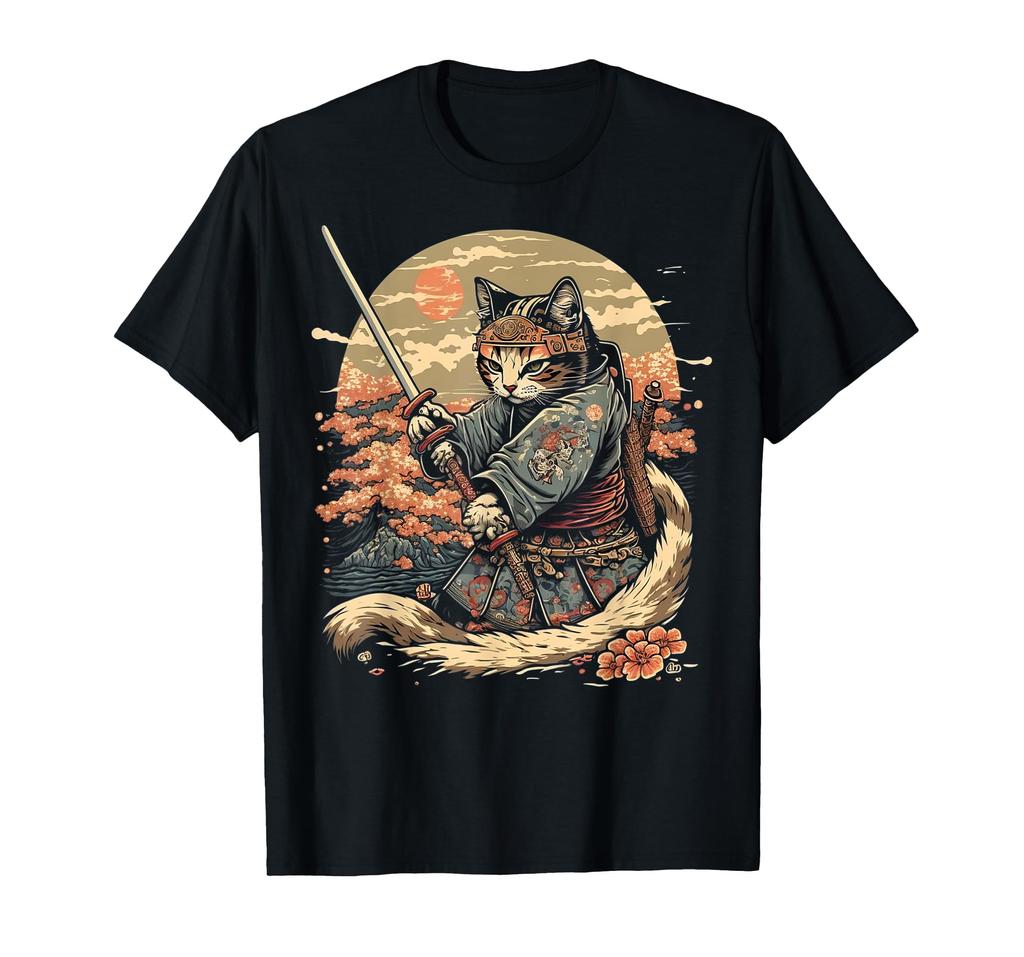 Japonské Art Cat Ninja Anime Tričko Samurai Cat Ukiyo-e