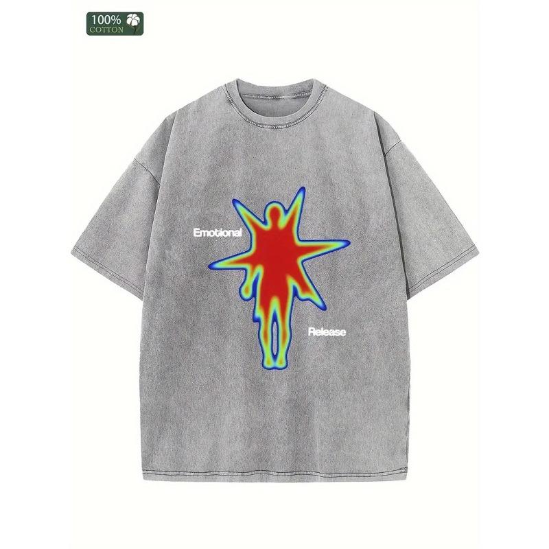 Washed, Emotion Release Printed T-shirt, High Quality Cotton Vintage Fashion T-shirt, a Certain Thickness Suitable for Summer T-shirt, Holiday Gift
