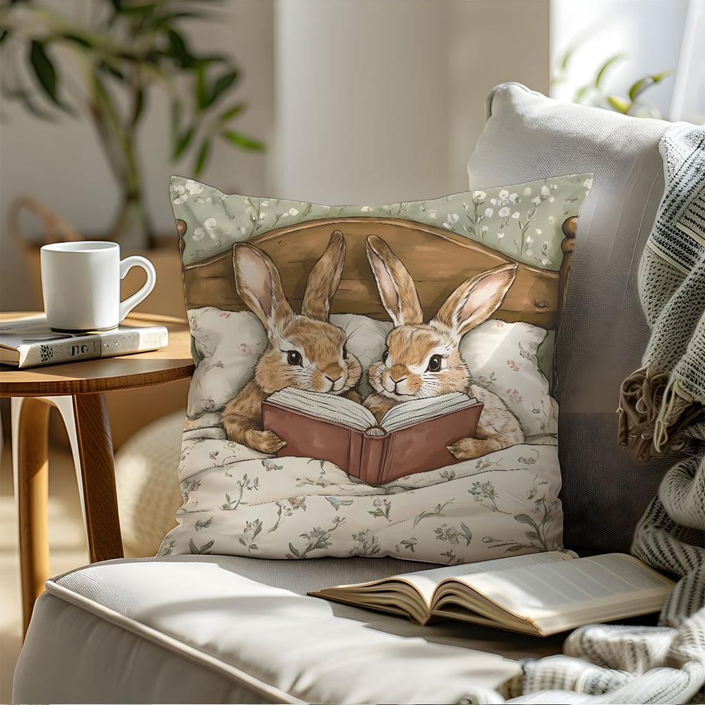 Cartoon Rabbit Reading Storybook Pillow Cover Peach Skin Velvet Printed Cushion Cover Sofa Living Room Nursery Fairytale Art