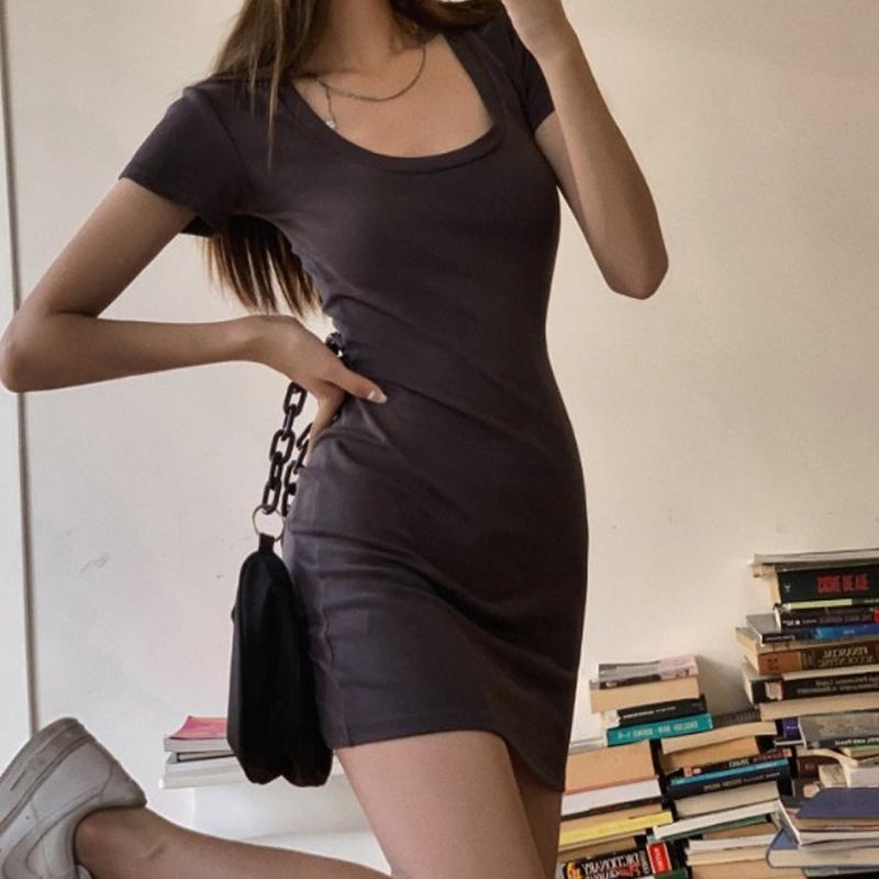 Summer U-neck Short Sleeve Dress for Women New Fashion Elegant High Waist Thin Casual Bodycon Dresses Female Solid Color Simple Party Short Dress 3595