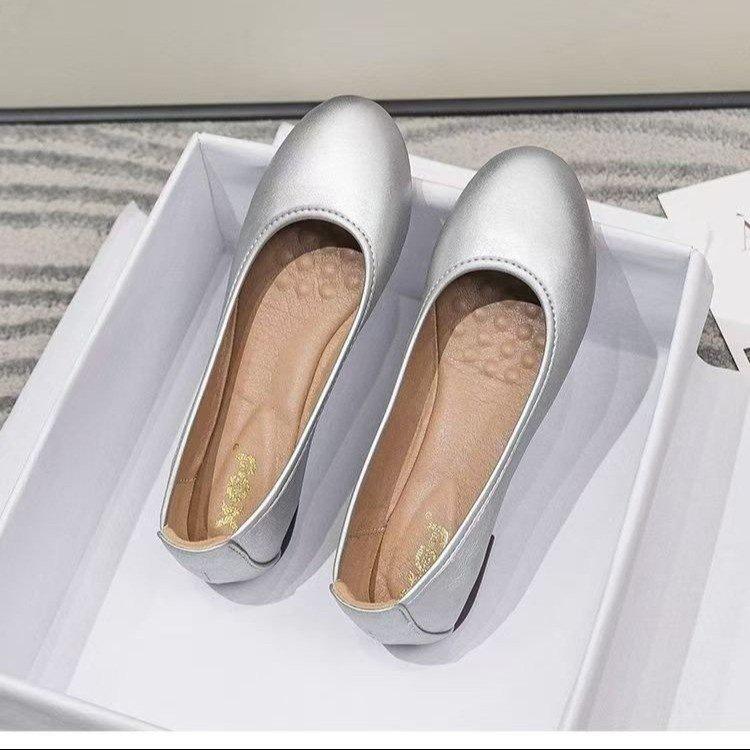 Shoes silver comfortable long standing not tired feet leather shoes flat shoes soft sole worker shoes round head single shoes flight attendant