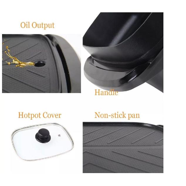 Korean Style 2 in 1 Electric Multi Cooker Barbecue Pan Hot Pot Cooker Electric Smokeless Barbecue BBQ Grill Non-Stick Coating Hotpot Roasting Baking