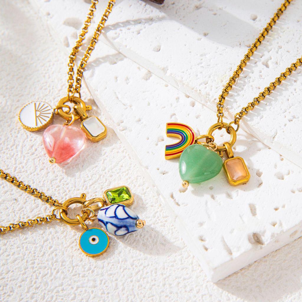 Stainless Steel Rainbow Zirconia Heart Pendant Necklace with Pink Heart and Blue Eye