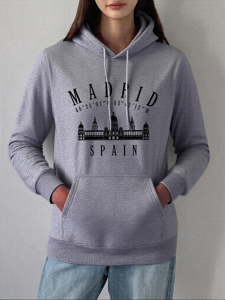 Madrid Spain Printed Hoodies Women Basics Pocket Pullovers Autumn Winter Fleece Warm Sweatshirts Casual Loose Womans Clothes