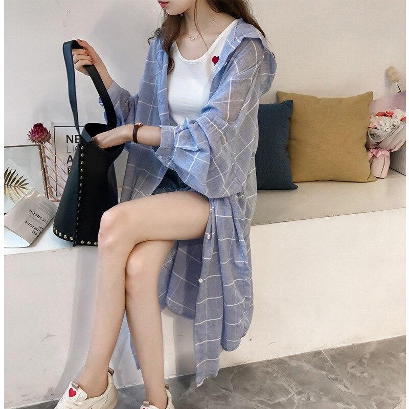 Women Hooded Blouses Loose Long Plaid Blouse Single-breasted Shirts