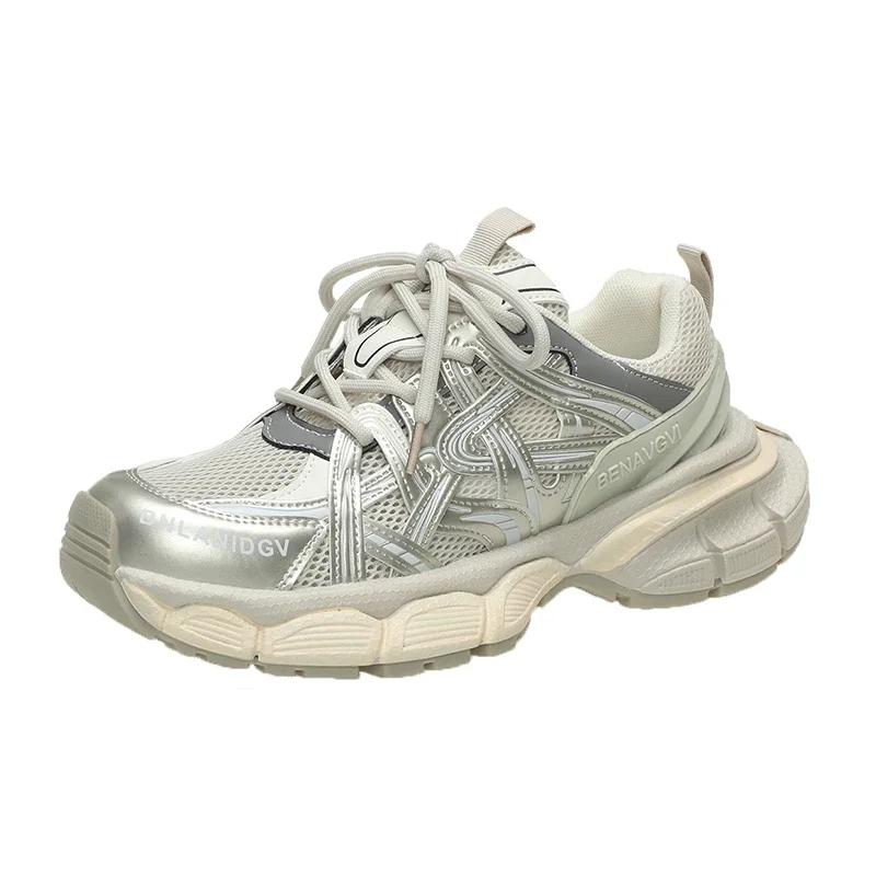 2024 Nuove Sneakers da Donna Basse con Zeppa Patchwork Fondo Spesso Pelle Morbida Punta Tonda Casual Sneakers da Donna