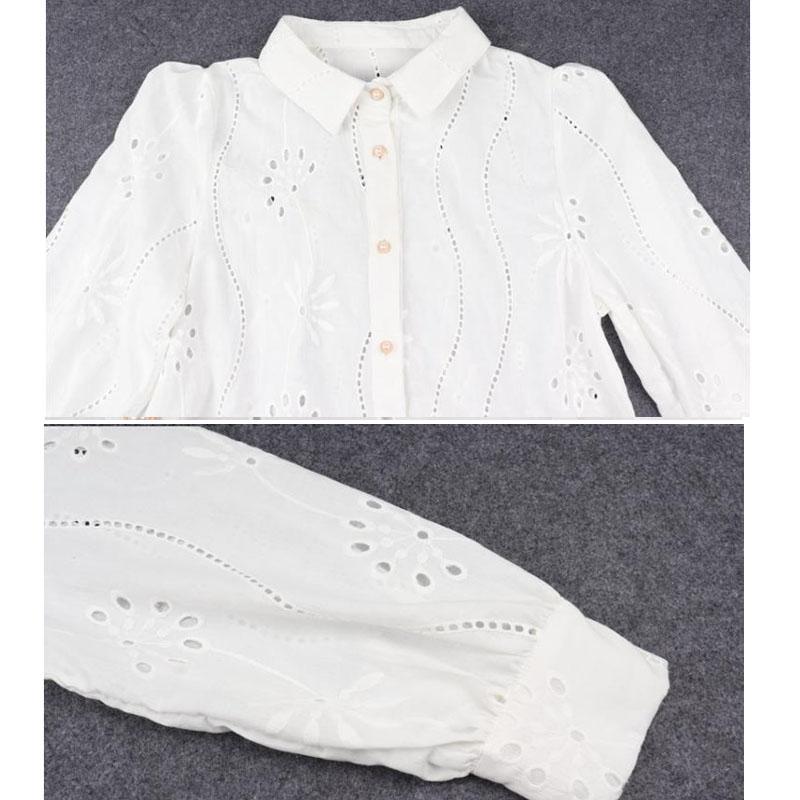 Vintage Embroidery Blouse Women Long Puff Sleeve Button Down Shirt Women Hollow Out Casual Crochet Lace Shirts Office Lady 19822