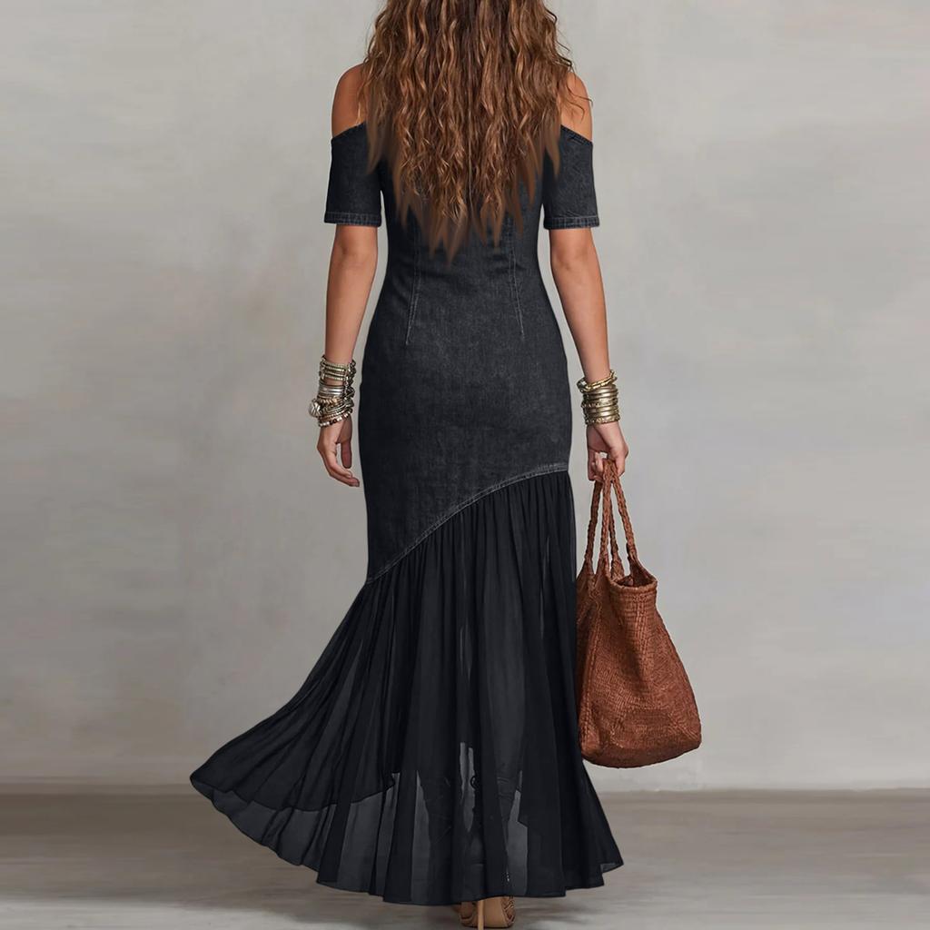 Rochie de damă casual și la modă, cu umerii goi, mânecă scurtă și tiv din plasă