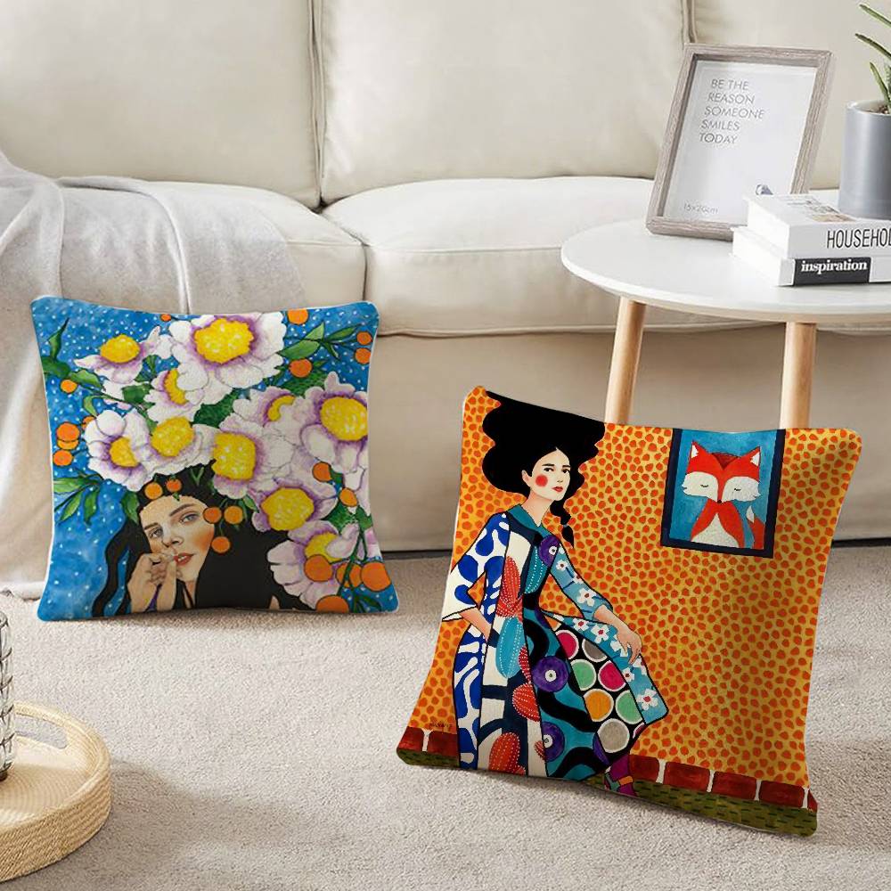Vintage Abstract Girl Hair Flower Pillow Case Home Decor Throw For Sofa Bed Car Room Decor Gift Idea