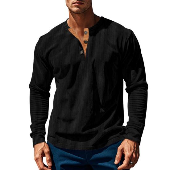 Men Long Sleeve T-Shirt Corduroy Solid Color Spring And Autumn T-Shirt Casual Henry Collar Slim Fit Tee for Daily Wear Travel Office