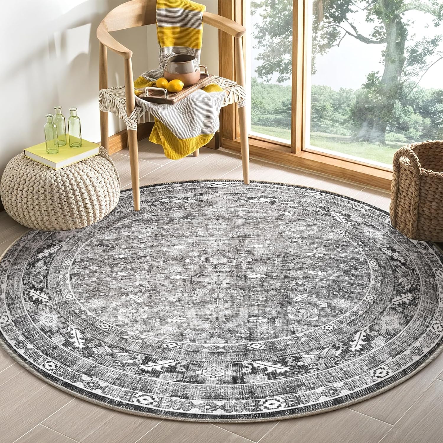 

Round Retro Pattern Elegant Soft Durable Carpet Home Living Room Decoration Pink White Nordic Anti Slip Carpet Living Room Rug 60cm x 60cm