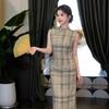 Light bean green plaid sleeveless cheongsam 1011 new new Chinese style gentle intellectual retro elegant temperament dress women