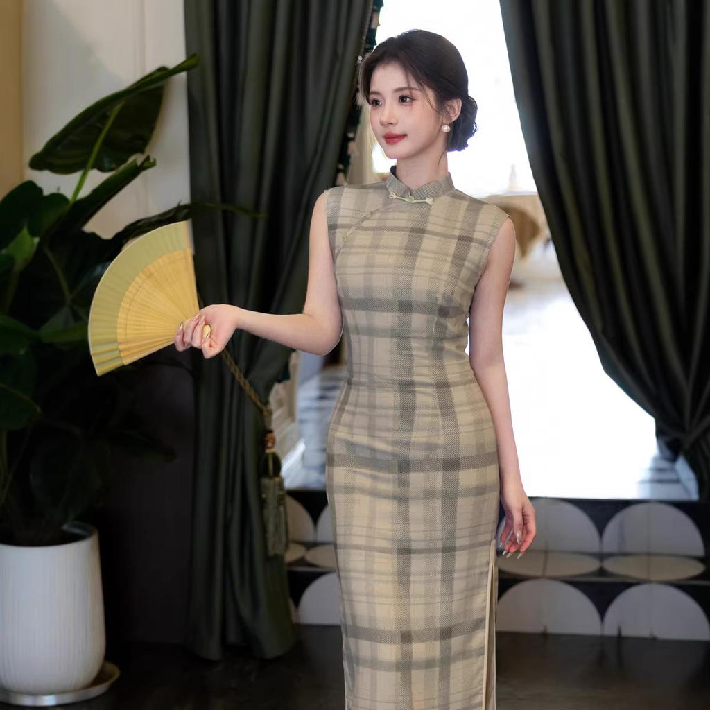 Light bean green plaid sleeveless cheongsam 1011 new new Chinese style gentle intellectual retro elegant temperament dress women