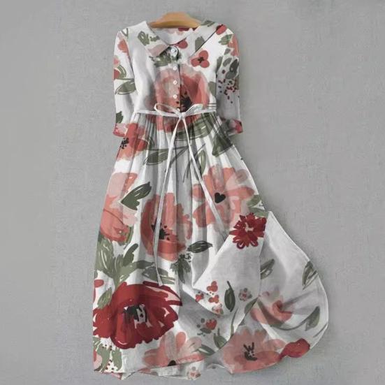 Three Quarter Sleeves A-line Digital Floral Print Bohemian Style Pleated Lace-up Strap Half Single-breasted Shirt Type Midi Dress